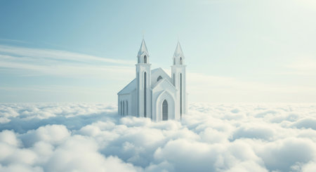 Beautiful white church in the clouds. 3d render illustration.の素材