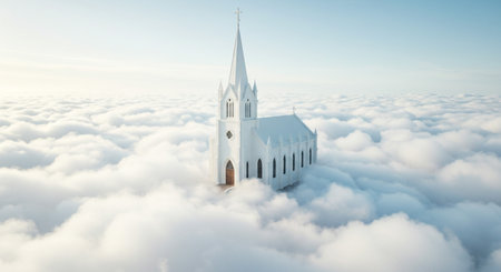 Church in the clouds. 3D render. The concept of religion.の素材