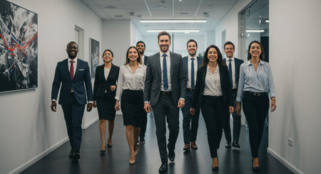 Group of diverse business people walking together in the hallway of a modern officeの素材