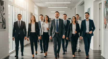 Group of smiling business people walking in corridor of modern office building.の素材