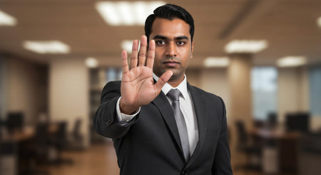 Indian business man making stop gesture with his hand in a meeting roomの素材