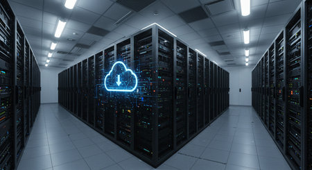 Cloud computing and data storage in a server room. 3D renderingの素材