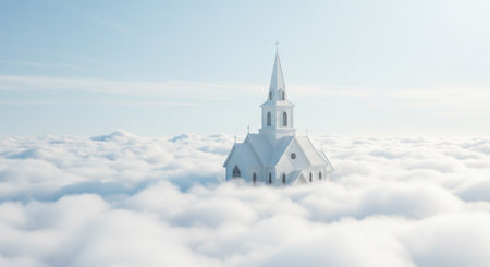 3D render of a church in the clouds against a blue skyの素材
