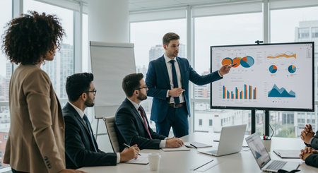 businessman pointing at charts on flipchart during meeting in modern officeの素材