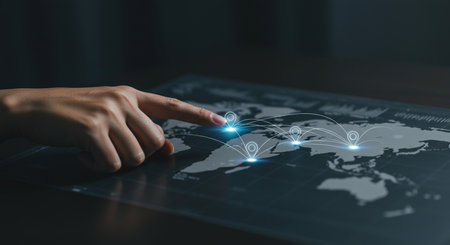 Businessman hand touching virtual screen with social network connection. Internet and technology concept.の素材