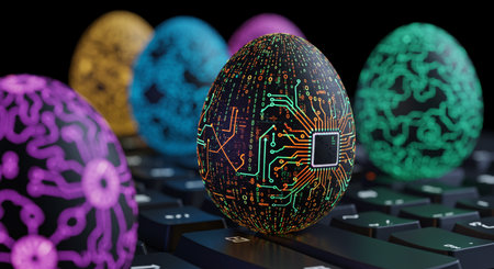 Digital composite of 3d easter eggs with circuit board against black backgroundの素材
