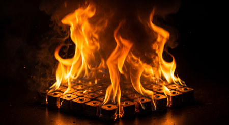 Close-up of burning dominoes on a black background.の素材