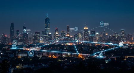 Smart city and wireless communication network over the cityscape at night. Concept of smart city and wireless communication.の素材