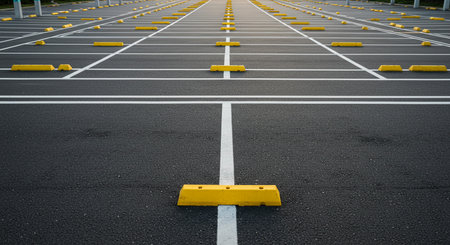 Empty parking lot with row of yellow and white plastic barriers on the groundの素材