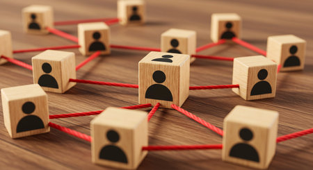 Teamwork concept. Wooden cubes with people icons on red rope. 3D illustration.の素材