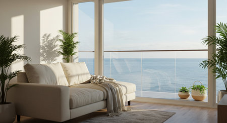 modern living room with sea view, 3d render illustration mock upの素材