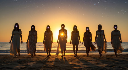 Silhouette of a group of women on the beach at sunsetの素材