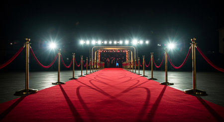 Red carpet with red carpet at night. 3D Rendering.の素材