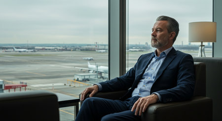 Portrait of mature businessman sitting in armchair and looking away in airportの素材