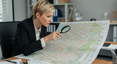 selective focus of businesswoman looking at map with magnifying glassの素材