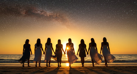 Silhouette of a group of women on the beach at sunsetの素材