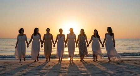 Group of women in white dresses walking on the beach at sunset.の素材