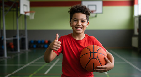 Portrait of boy holding basketball ball and showing thumbs up in gymの素材