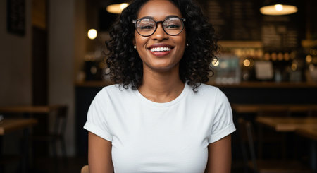 portrait of smiling african american woman in eyeglasses at barの素材