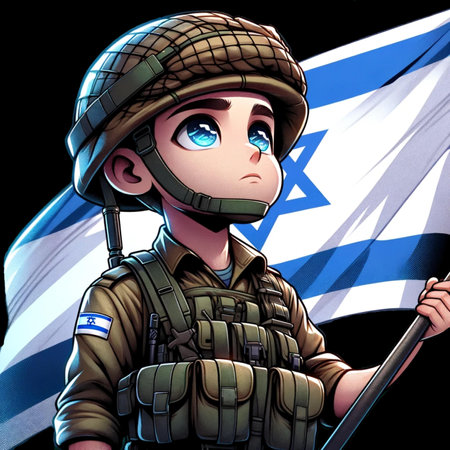 3D Illustration of a Cartoon Soldier with Israel Flagの素材