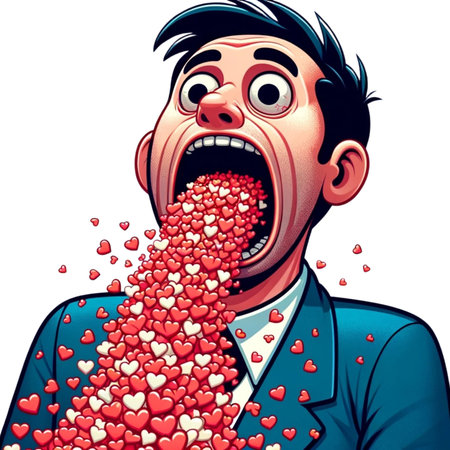 Cartoon illustration of a man vomiting out a bunch of red and white heartsの素材