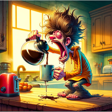 The boy is drinking coffee in the kitchen. Illustration in a retro style.の素材