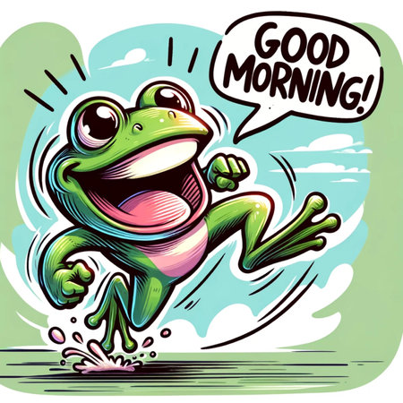 Vector illustration of a funny cartoon frog with good morning lettering.の素材
