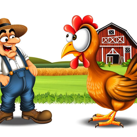 Vector illustration of Cartoon farmer with chicken and barn on white background.の素材