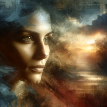 Portrait of a beautiful woman on a background of the sky with cloudsの素材