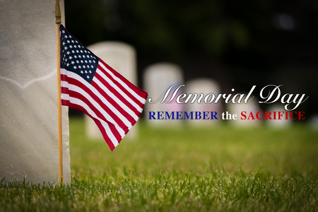 Small American flags and headstones at National cemetary- Memorial Day display - with copyの写真素材