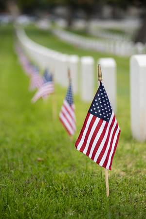 Small American flags and headstones at National cemetary- Memorial Day displayの写真素材