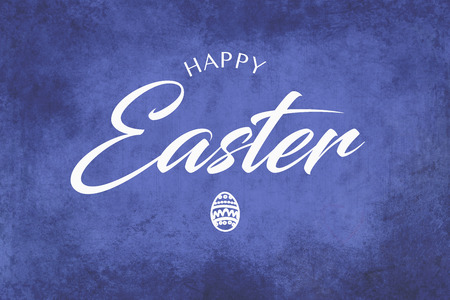 A happy easter greeting on purple-blue background with a hand drawn eggの写真素材