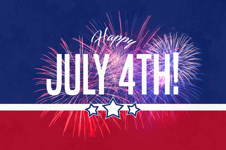 Happy JUly 4th greeting with red and blue background with fireworksの写真素材