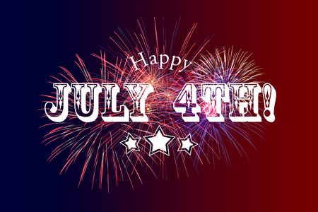 Happy JUly 4th greeting with red and blue background with fireworksの写真素材