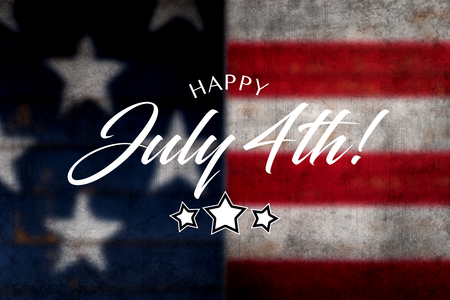 Happy JUly 4th greeting with red and blue background on wooden painted flagの写真素材