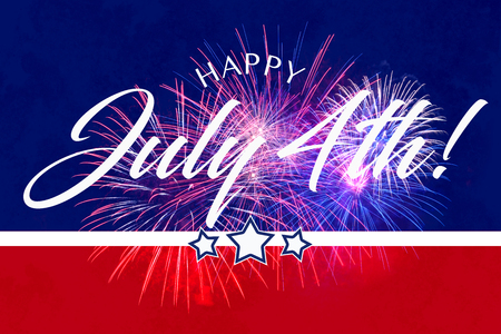 Happy JUly 4th greeting with red and blue background with fireworksの写真素材