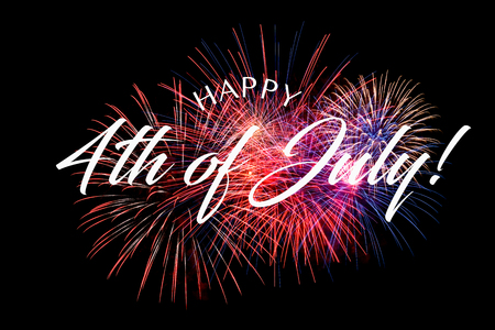 Happy JUly 4th greeting with black background with fireworksの写真素材