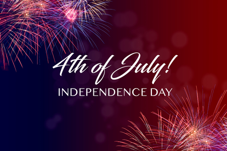 Happy July 4th greeting with red and blue background with fireworksの写真素材