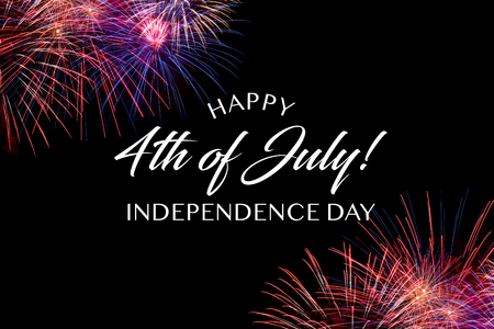 Happy July 4th greeting with black background with fireworksの写真素材