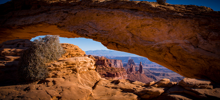 The famous sunrise at Mesa Arch in Canyonlands National Park, Utah, USAの写真素材