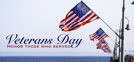American flags with a Veterans Day greeting with blue sky backgroundの写真素材