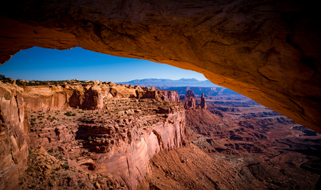 The famous sunrise at Mesa Arch in Canyonlands National Park, Utah, USAの写真素材