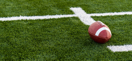 A brown leather american football on a green playing fieldの写真素材