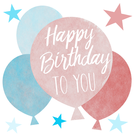 Four hand drawn pastel colored balloons with Happy Birthday greetingの写真素材