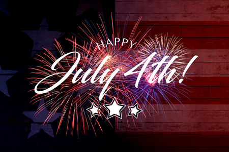 Happy JUly 4th greeting with red and blue background with fireworksの写真素材