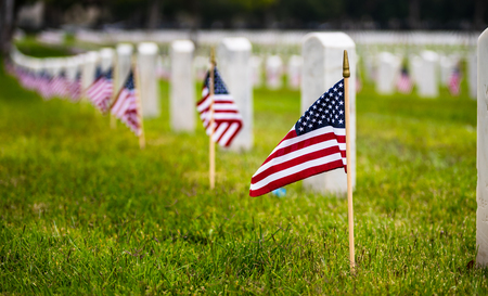 Small American flags and headstones at National cemetary- Memorial Day displayの写真素材