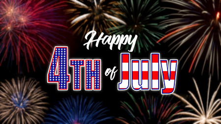 Happy JUly 4th greeting with black background with fireworksの写真素材