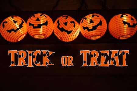 Halloween decoration and greeting with jack-o-latern lightsの写真素材