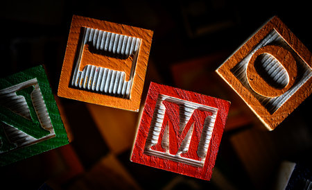A colorful group of childrens, wooden letter blocksの写真素材