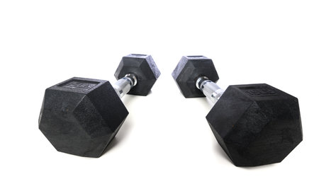 Black and silver dumbbells on a white backgroundの写真素材